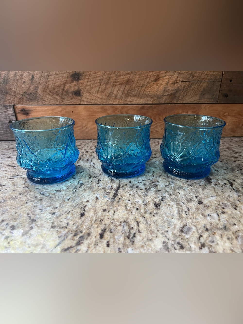 Vintage Anchor Hocking Rainflower Set of 3 Laser Blue Textured Glasses
